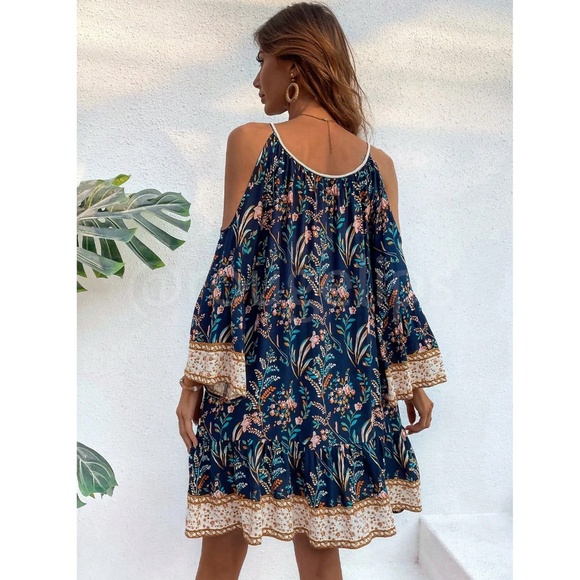 Navy Blue Cold Shoulder Tassel Detail Loose Fitting Mini Dress Short Floral - Picture 8 of 11